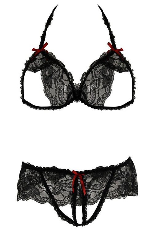 Lace Peek-a-Boo Bra & Panty Set Black Rene Rofe Lingerie - Image 3
